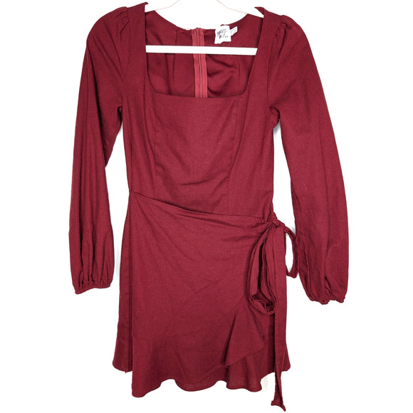 Princess Polly The Villa Burgundy Linen Ruffle Hem Square Neck Wrap Mini Dress 4 - Picture 3 of 11